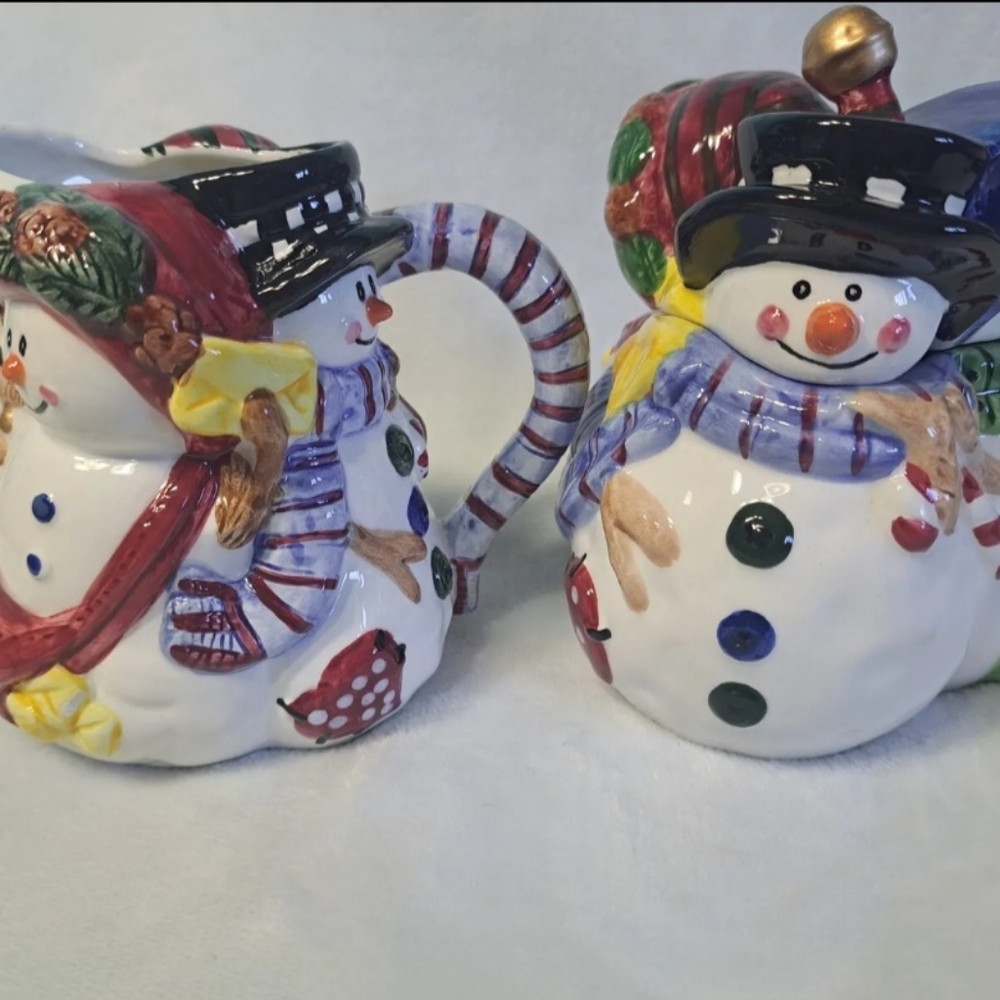 Triple Snowman Sugar And Creamer Set Christmas Decor Home Gift Holiday